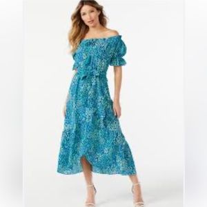 Sofia By Sofia Vergara Faux Wrap Midi‎ De ff Shoulder Dress. Teal Size M